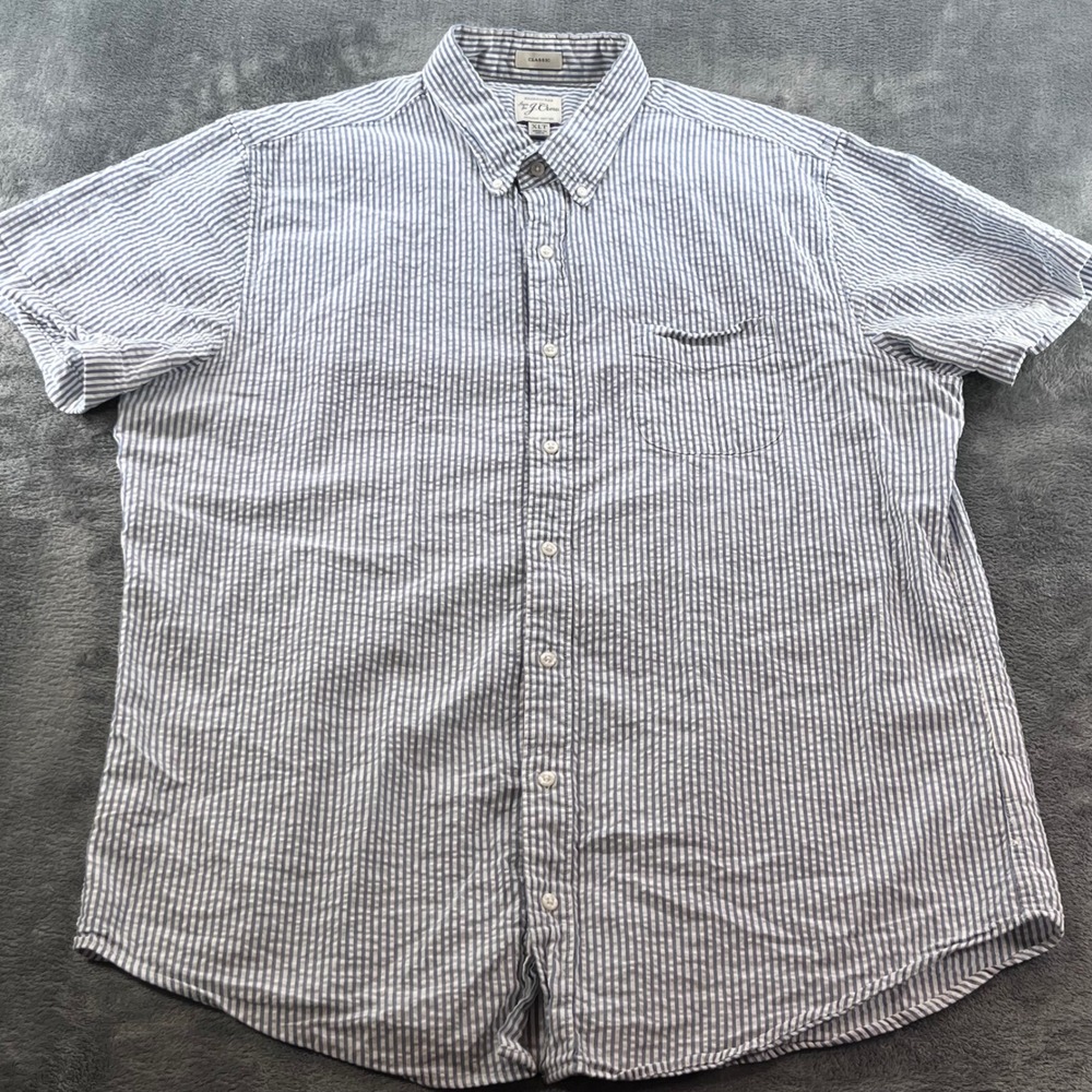 J.Crew Mens Seersucker Short Sleeve Button Down Shirt Blue White Stripe XLT
